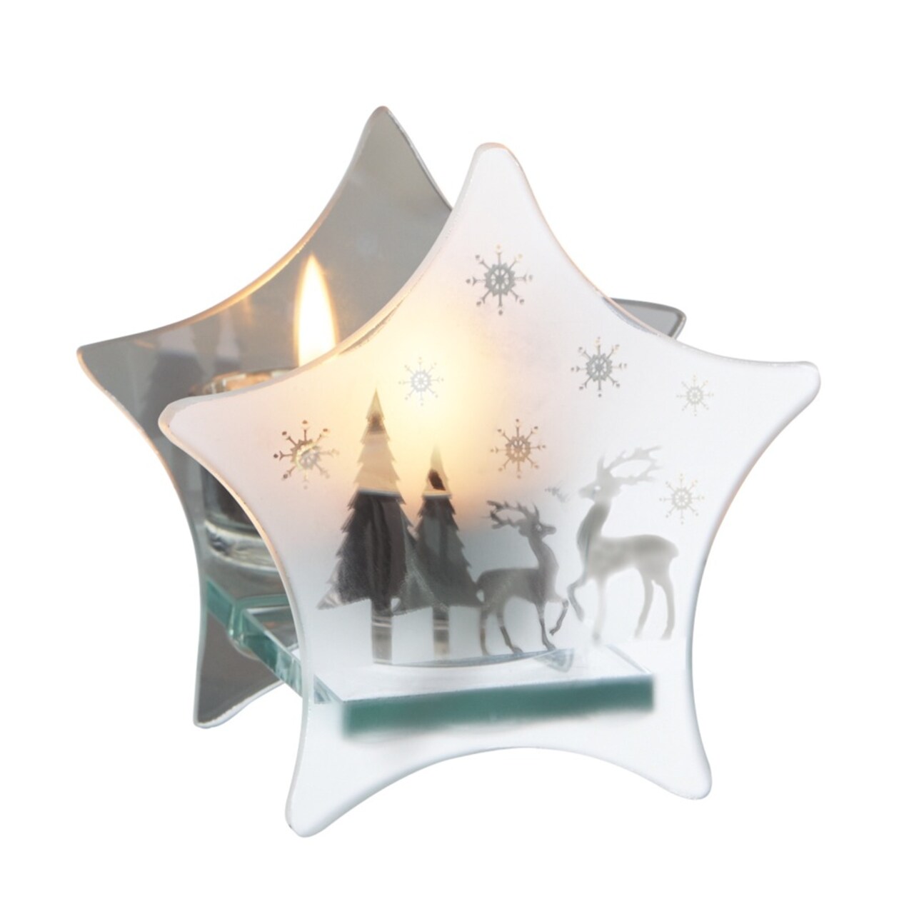 Midwest 8.5" Clear Frosted Glass Snowflake Reindeer Mirrored Star Christmas Tea Light Candle Holder